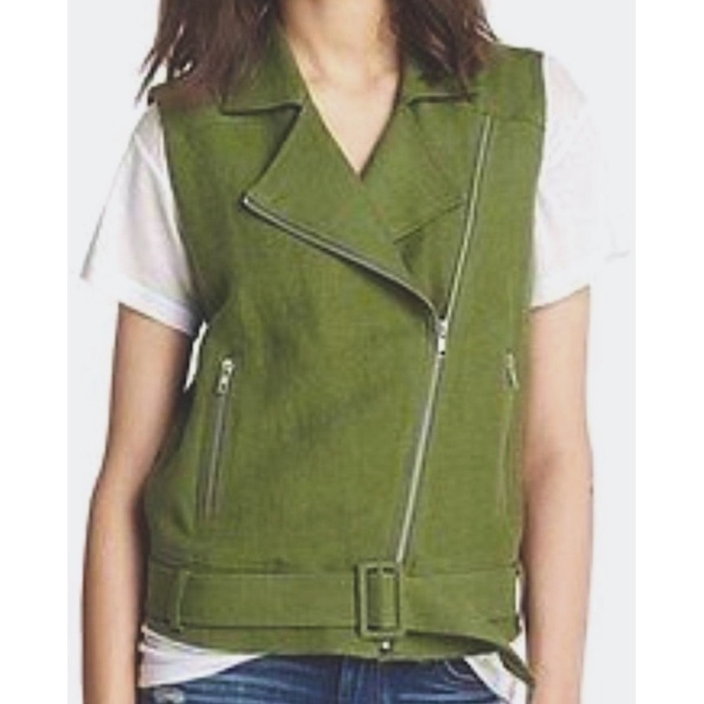 Green Moto Vest Asymmetrical Zip‎ Belted Sleeveless Jacket Textured Olive Medium